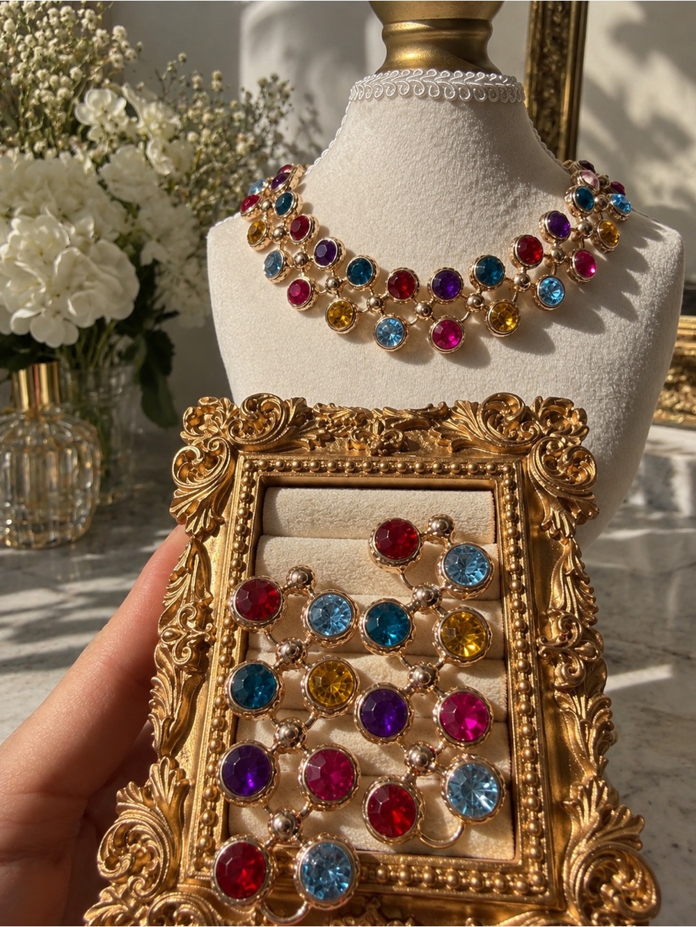 Multicolor Crystal Statement Chunky Necklace and Earring Set